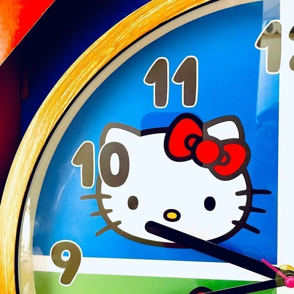 NWT Gorgeous Huge Sanrio 16”D Red Blue Yellow Green Hello Kitty Wood Wall Clock